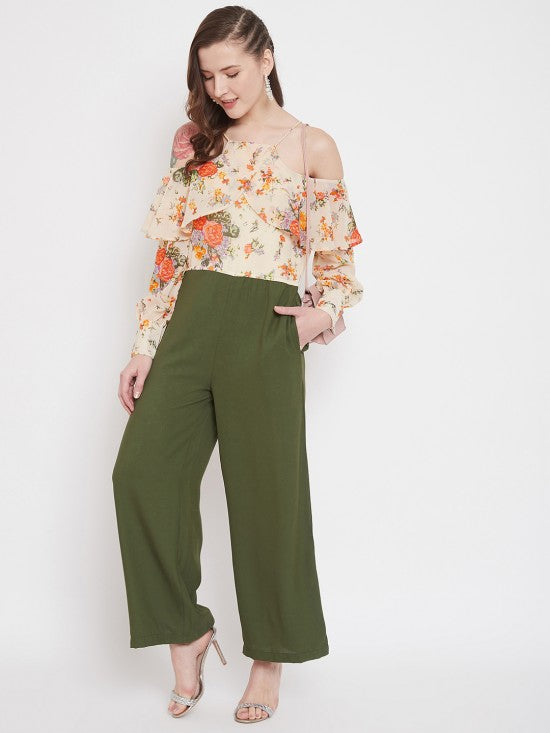 Floral Print Cold Shoulder Long Jumpsuit