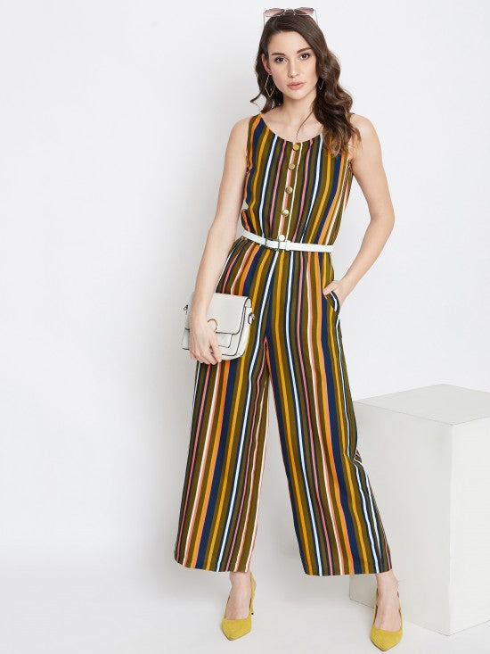 Multi Stripes Mock Placket Jumpsuit