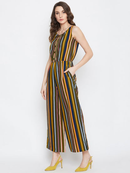 Multi Stripes Mock Placket Jumpsuit