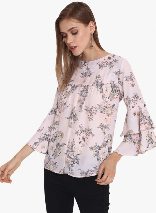 Floral Printed Double Bell Sleeves Top
