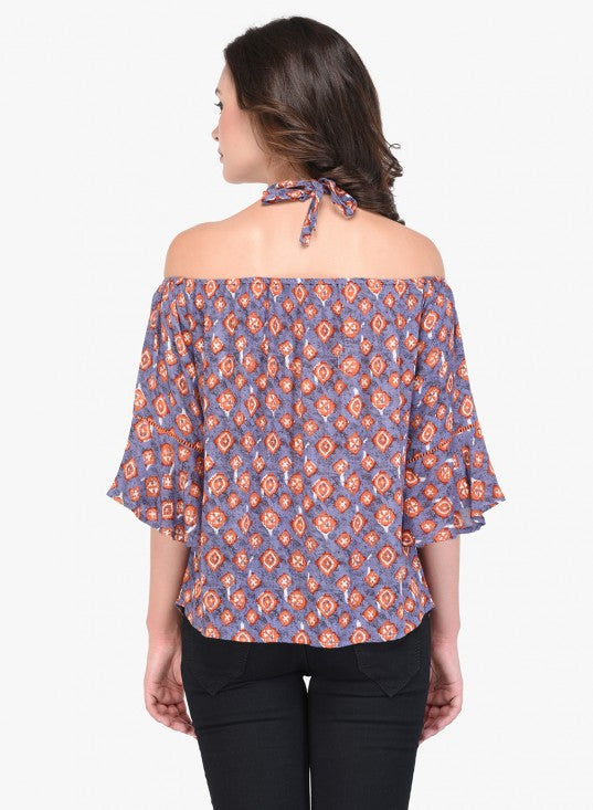 Printed Rayon Off Shoulder Cross Strap Top