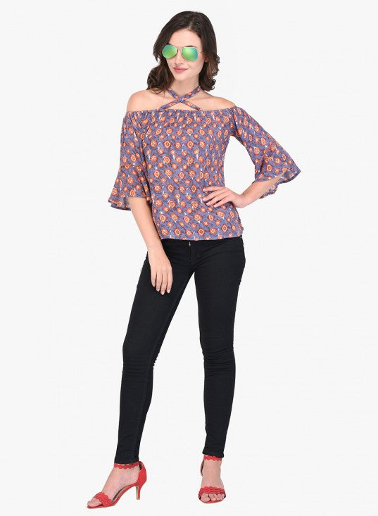 Printed Rayon Off Shoulder Cross Strap Top