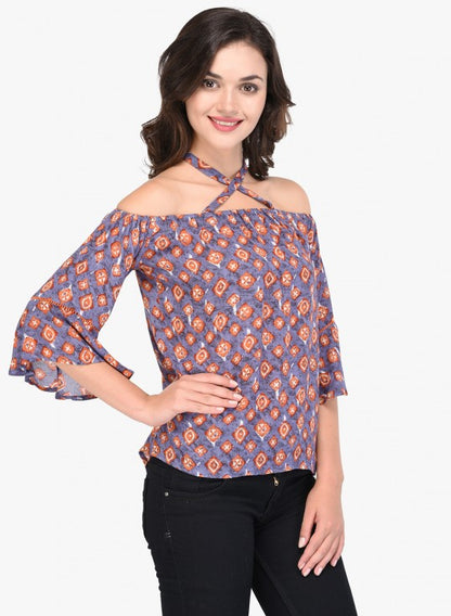 Printed Rayon Off Shoulder Cross Strap Top