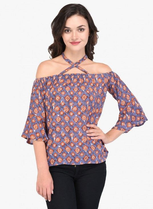 Printed Rayon Off Shoulder Cross Strap Top