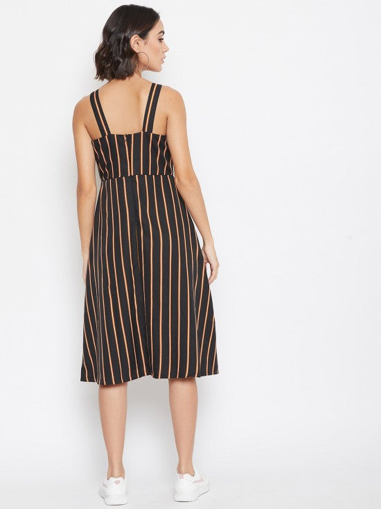 Thin stripes printed show buttons dress