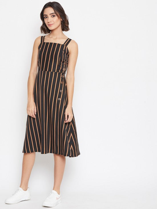 Thin stripes printed show buttons dress