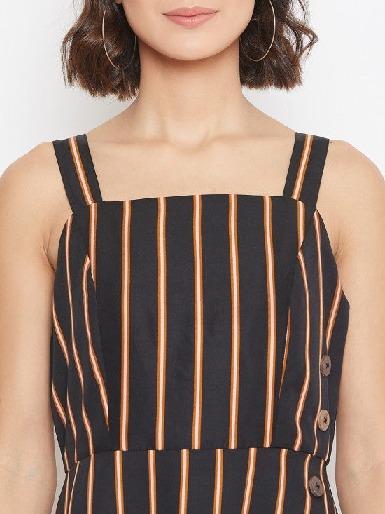 Thin stripes printed show buttons dress
