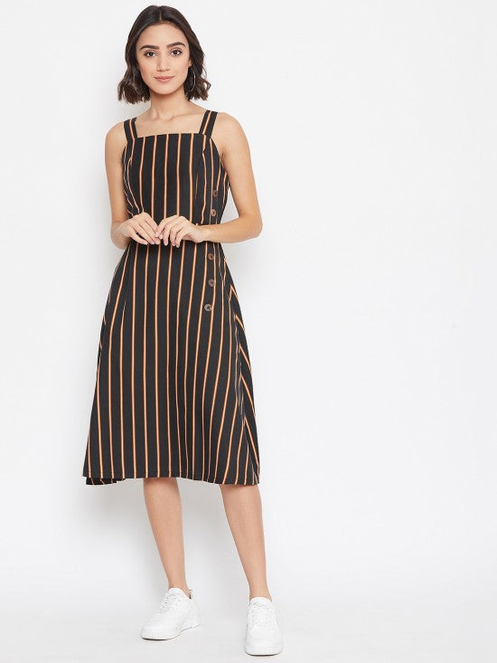 Thin stripes printed show buttons dress