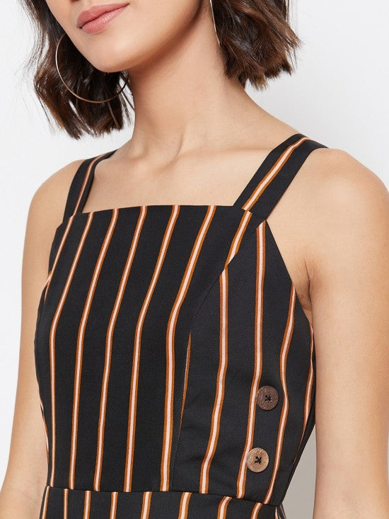 Thin stripes printed show buttons dress