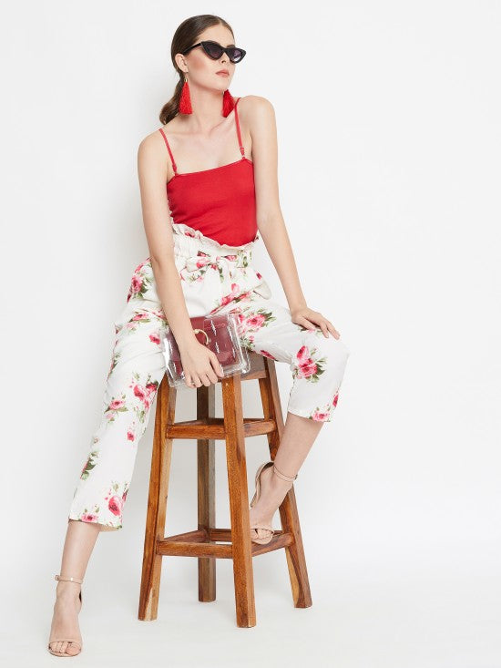 Paper bag waist trousers with fabric belt