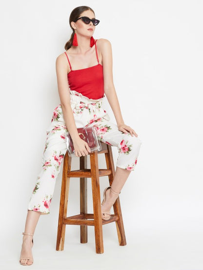 Paper bag waist trousers with fabric belt