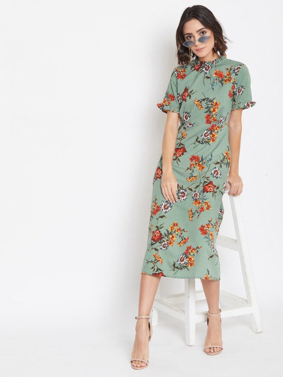 Frilled Collar And Sleeves Midi Dress