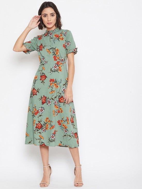 Frilled Collar And Sleeves Midi Dress