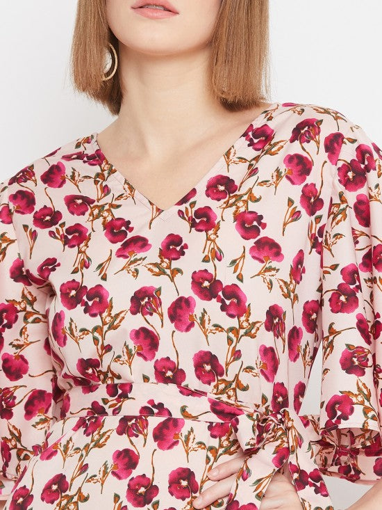 Floral printed flounce sleeves midi dress