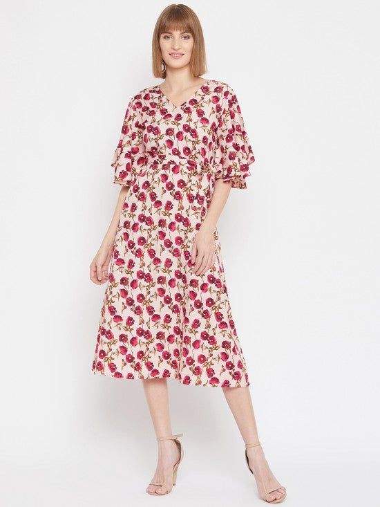 Floral printed flounce sleeves midi dress