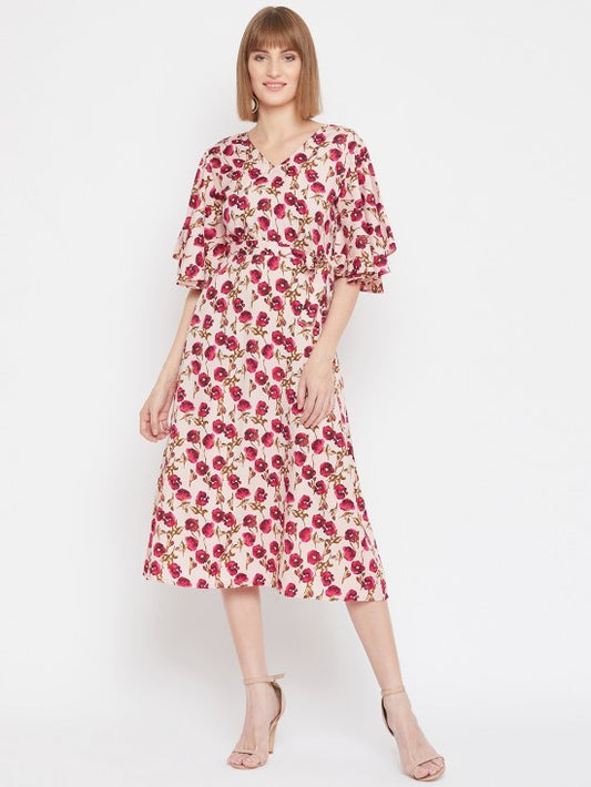 Floral printed flounce sleeves midi dress