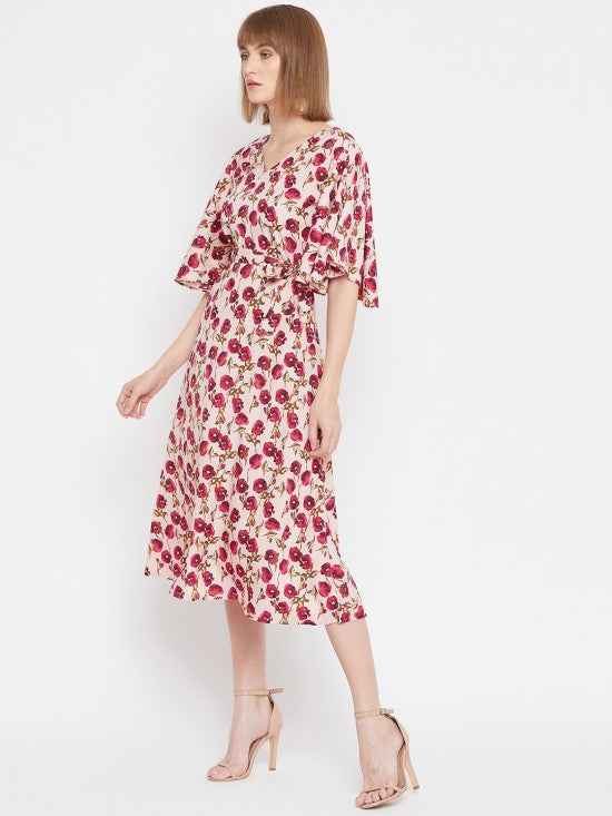 Floral printed flounce sleeves midi dress