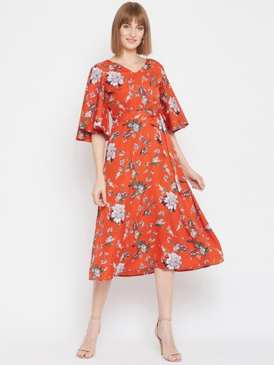 Floral printed flounce sleeves midi dress