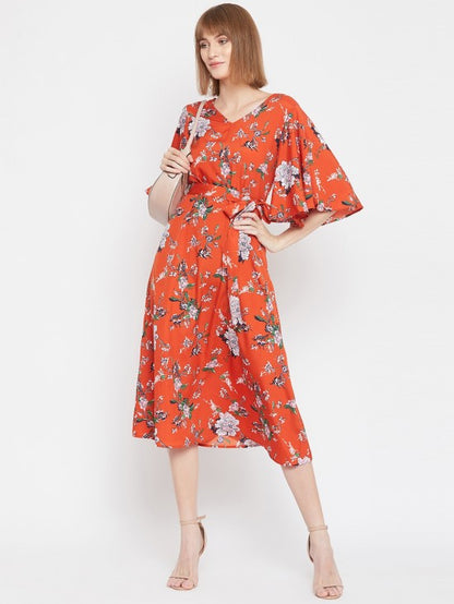 Floral printed flounce sleeves midi dress