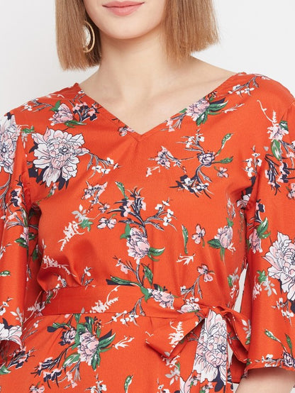 Floral printed flounce sleeves midi dress