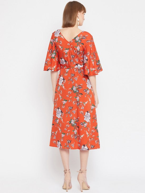 Floral printed flounce sleeves midi dress
