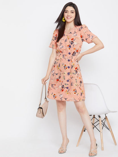 Floral printed show buttons dress