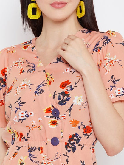 Floral printed show buttons dress