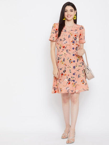 Floral printed show buttons dress
