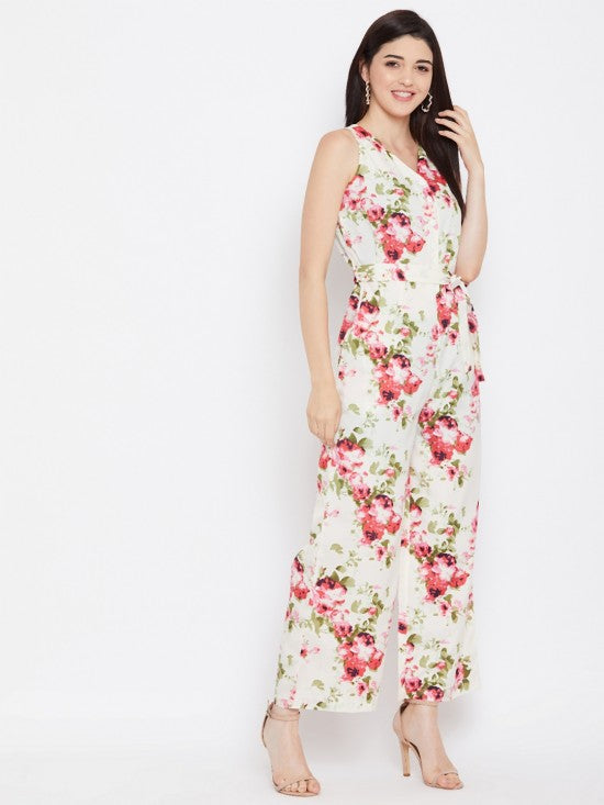 Floral Printed Waist Tie Jumpsuit