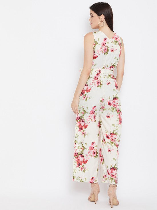 Floral Printed Waist Tie Jumpsuit