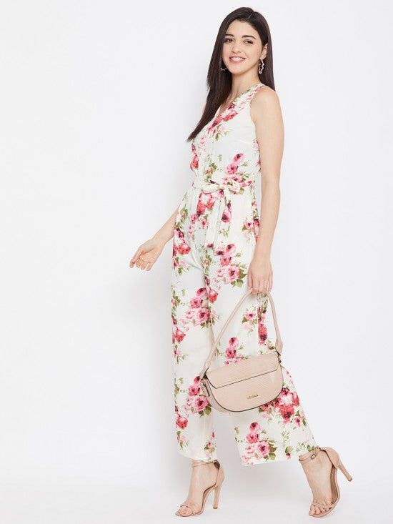 Floral Printed Waist Tie Jumpsuit