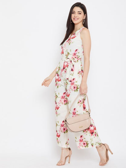 Floral Printed Waist Tie Jumpsuit