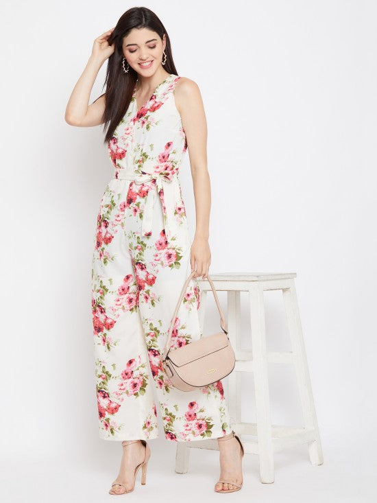 Floral Printed Waist Tie Jumpsuit