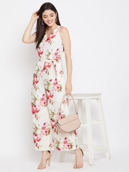 Floral Printed Waist Tie Jumpsuit