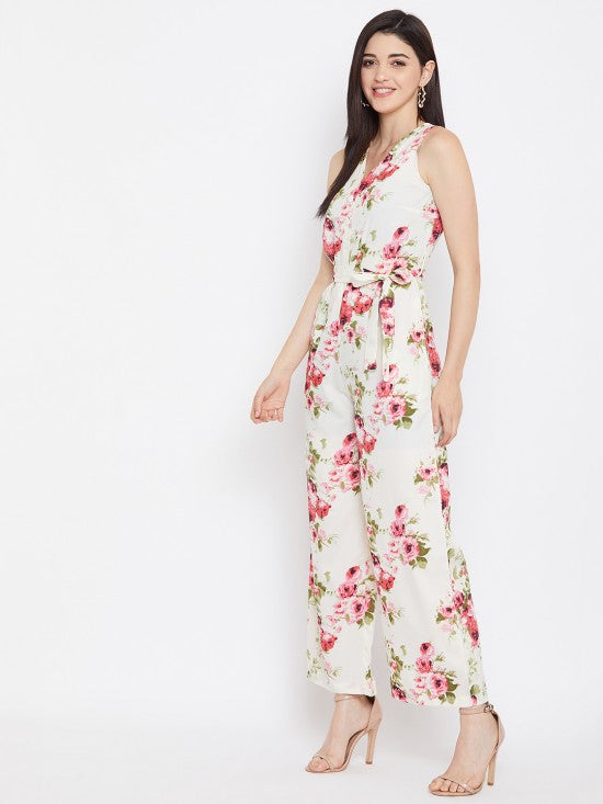 Floral Printed Waist Tie Jumpsuit