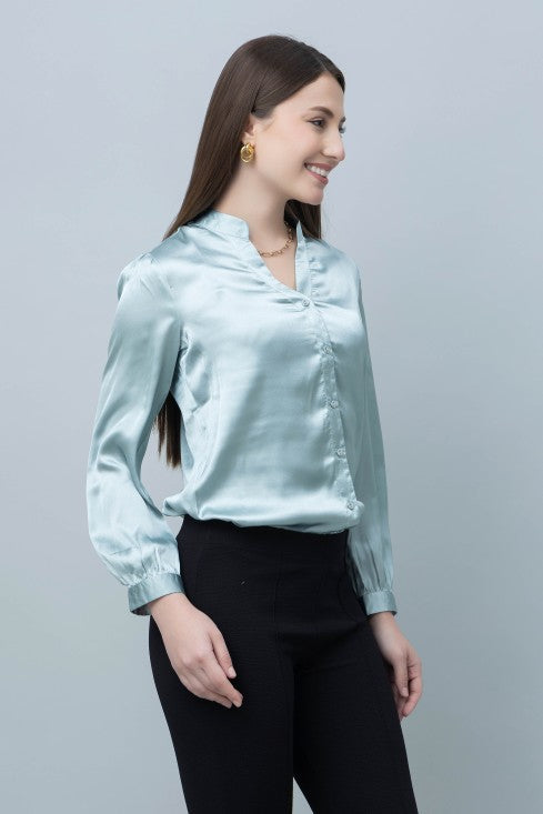 Women's Band Collar Formal Satin Shirt