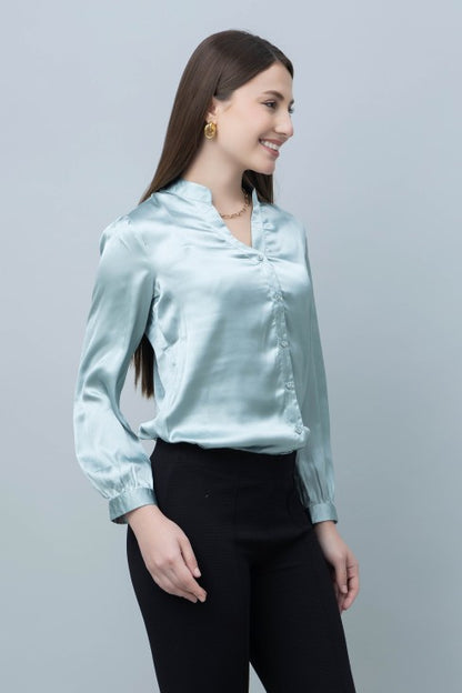 Women's Band Collar Formal Satin Shirt