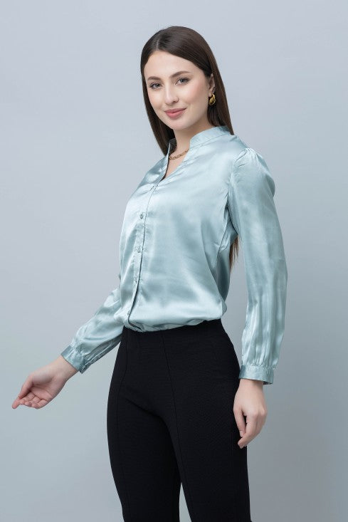 Women's Band Collar Formal Satin Shirt