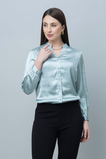 Women's Band Collar Formal Satin Shirt