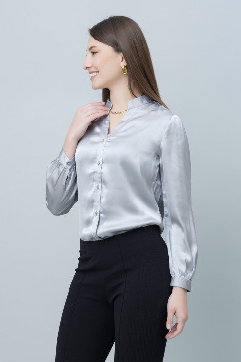 Band Collar Formal Satin Shirt