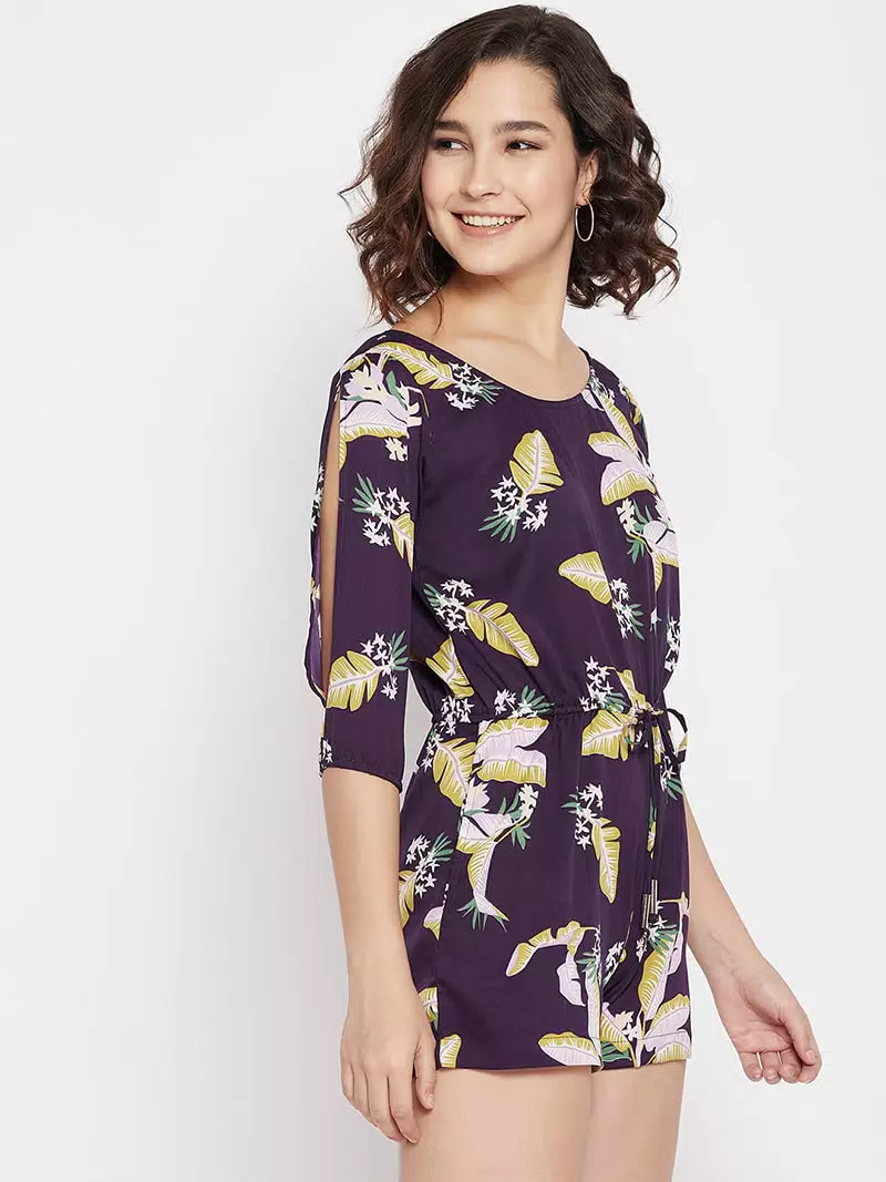 Tropical print slit sleeves romper