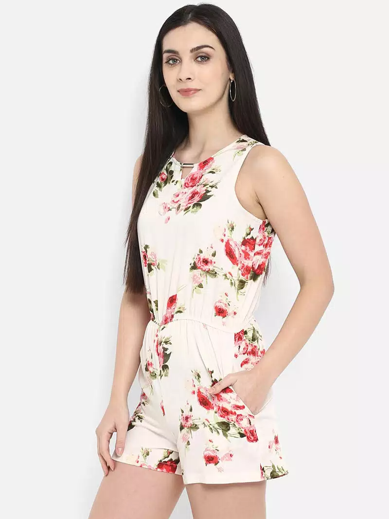 Floral printed V neck romper