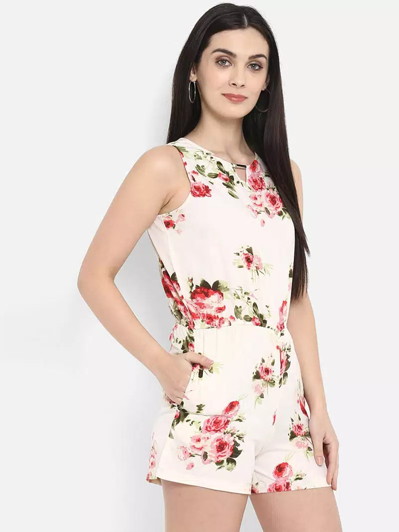 Floral printed V neck romper