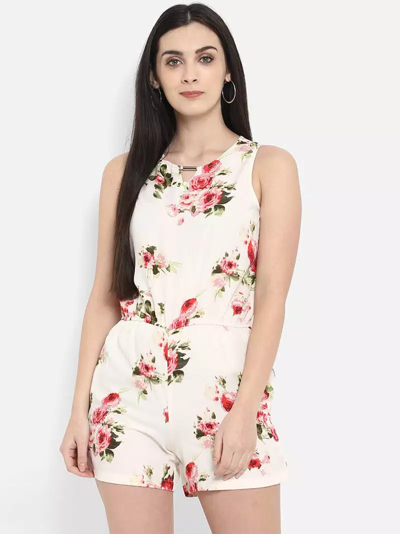 Floral printed V neck romper