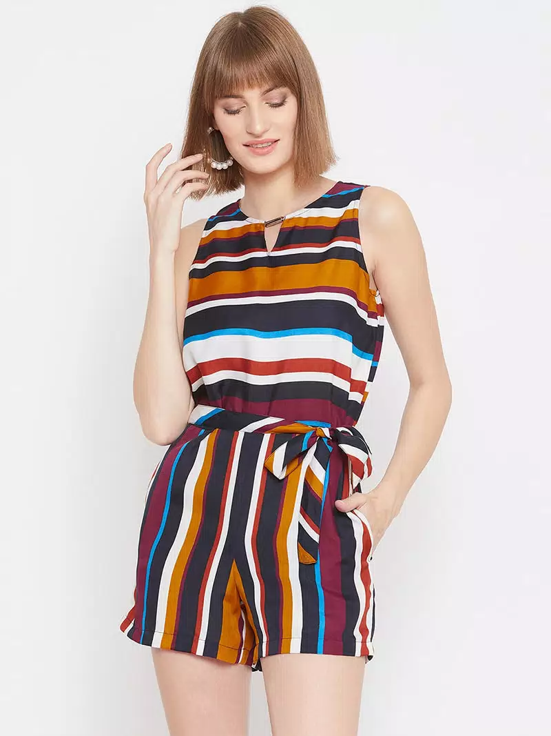 V neck stripes printed romper with fabric belt