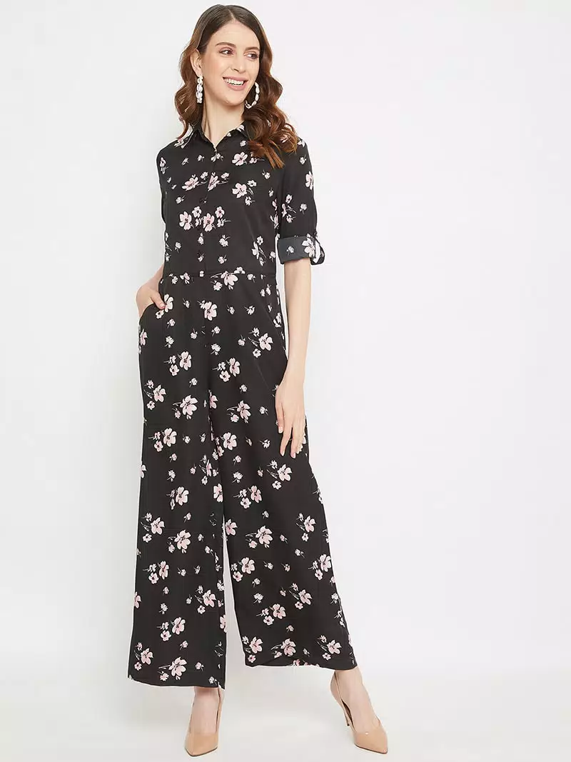 Floral printed roll up sleeves jumpsuit