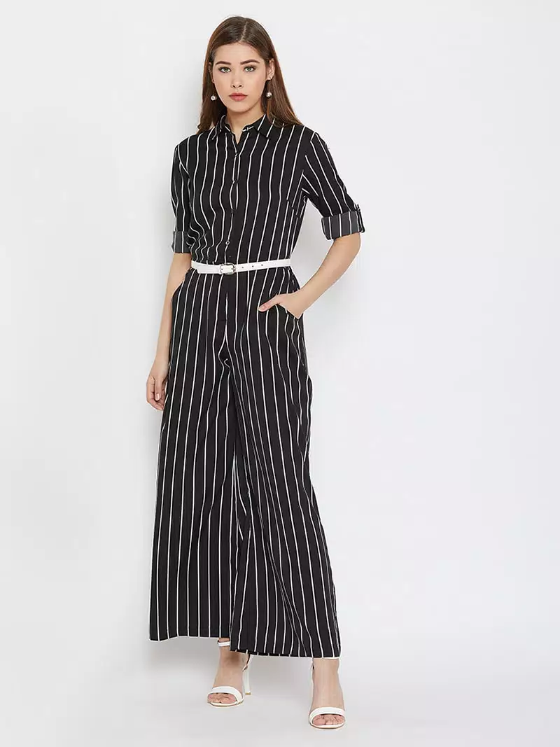 Stripes printed roll up sleeves jumpsuit