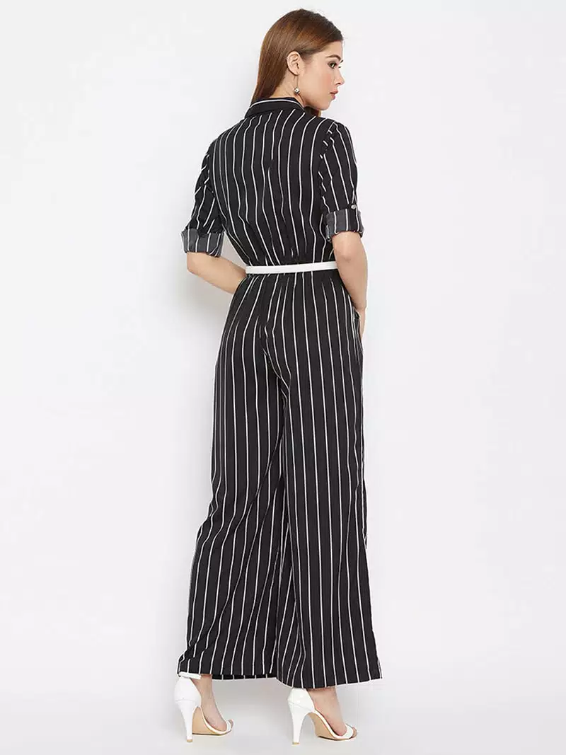 Stripes printed roll up sleeves jumpsuit