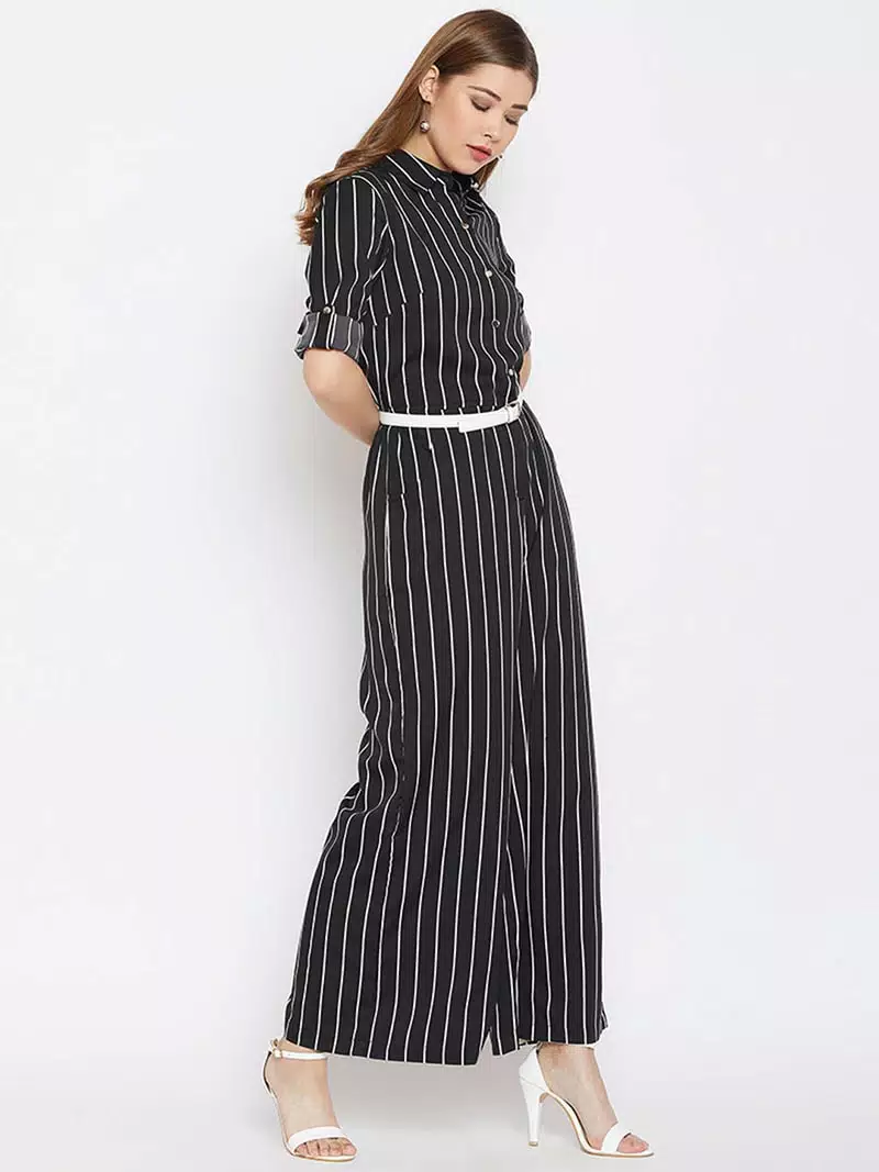 Stripes printed roll up sleeves jumpsuit