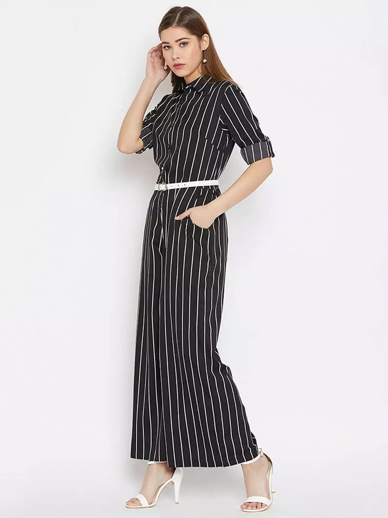 Stripes printed roll up sleeves jumpsuit